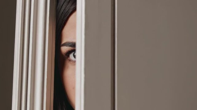 Woman hiding fearfully behind door, revealing deep anxiety and vulnerability while nervously peeking through narrow opening, expressing profound emotional distress in shadowy slow motion frame