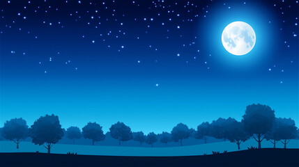 Night landscape with a bright full moon shining over rolling hills and silhouetted trees, creating a dreamy and tranquil atmosphere.