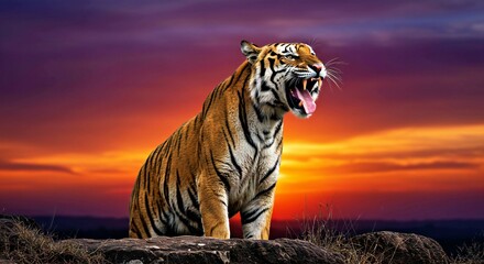 a powerful Bengal tiger standing atop a rugged cliff, roaring against a breathtaking sunset sky