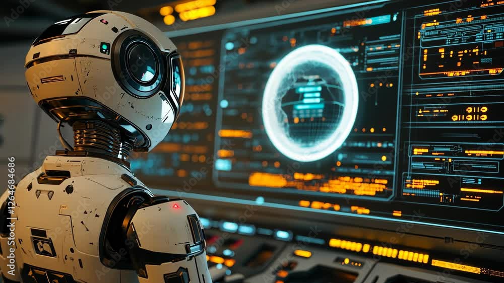Poster futuristic robot monitors complex data on advanced control panel in a high-tech environment