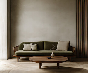 Modern minimalist living room with green sofa and wooden coffee table. Sunlight streams in