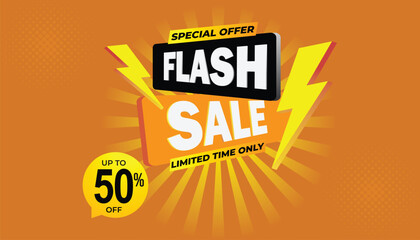 Flash sale mega offer background upto 50 percent off, special offer, limited time only, flash sale creative campaign sales yellow black banner template design for social media and website	
