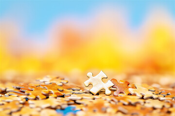 A close-up of a single missing puzzle piece among scattered golden pieces. The image conveys themes of problem-solving, completion, and finding the right fit.