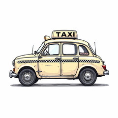 cartoon illustration of retro yellow taxi car, taxi company logo or taxi, side view