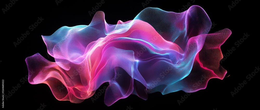 Poster fluid abstract shape in vibrant holographic colors creates a captivating visual on a black backgroun