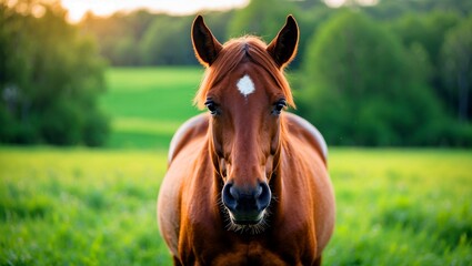 Fototapeta premium A majestic brown horse gazing in a lush meadow