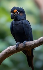 Obraz premium Black parrot perched on branch, lush foliage background, wildlife photography