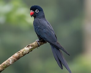Fototapeta premium Black Parrot Perched Tropical Branch, Rainforest Background, Wildlife Photography