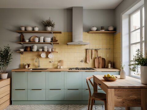 A charming kitchen showcases soft colors and natural wood accents