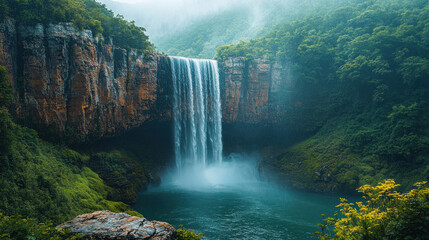 Fototapeta premium Majestic waterfall tumbling over a cliff into a rocky basin surrounded by greenery