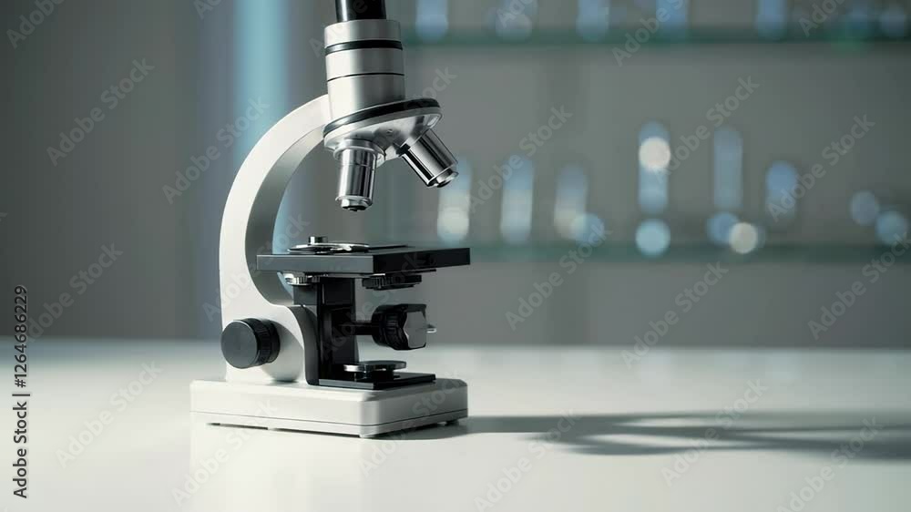 Poster laboratory microscope positioned on table within professional research facility, highlighting precis