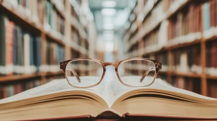 Eyeglasses rest on an open book in a library, knowledge and learning.