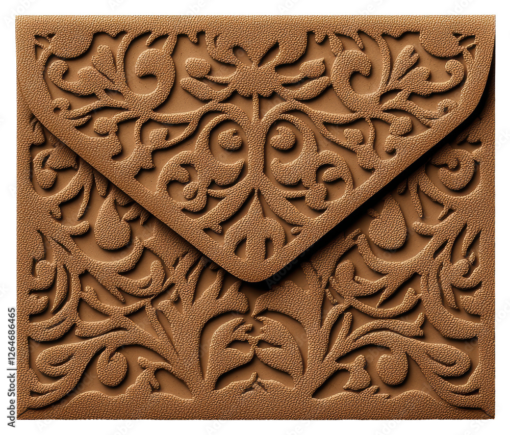 Poster detailed ornate bronze envelope with intricate metallic pattern on transparent background