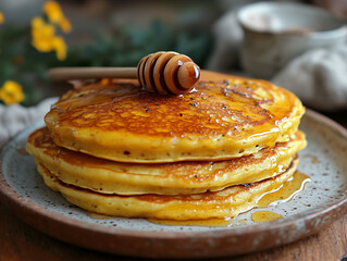 Food image: warm and sweet pancakes with fresh honey.