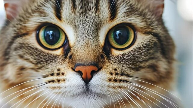 A close-up of a cat with large, expressive eyes and a detailed fur pattern, held gently in a person's hands.