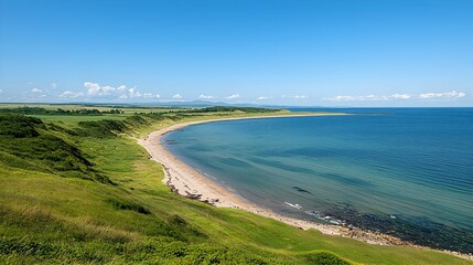 Scenic Coastal Landscape With Blue Water And Green Grass