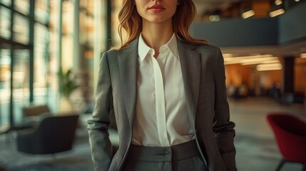 Professional woman in grey business suit standing confidently in modern office, showcasing corporate elegance and professional attire, embodying success and ambition.