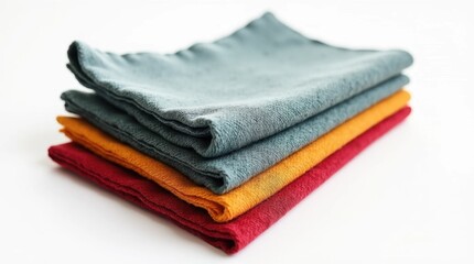 Fototapeta premium Colorful Fabric Swatches Stacked on White Background