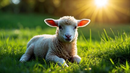 Obraz premium Adorable lamb relaxing in sunlit green grass