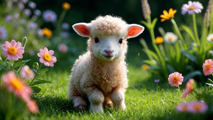 Fototapeta premium Adorable lamb resting among vibrant greenery and flowers