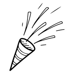 Festive cracker with streamers ribbons. Hand drawn doodle. Object for event celebration. Safe fireworks. Carnival decoration. Vector line art illustration.