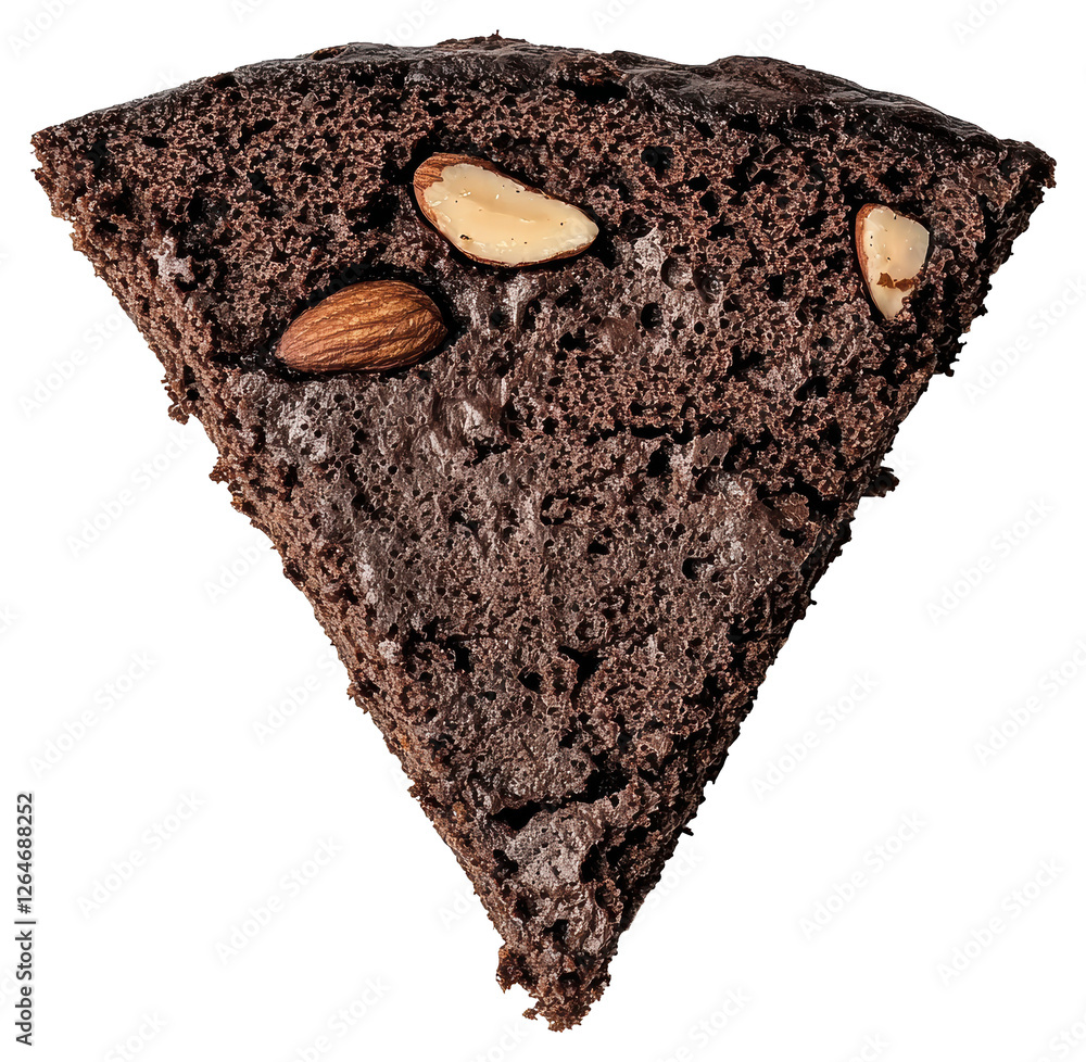 Poster detailed triangular chocolate brownie slice with almonds on transparent background
