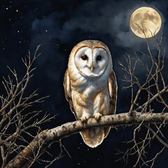 A detailed, realistic watercolor of a barn owl resting on a tree limb with silvery moonlight illuminating its feathers.