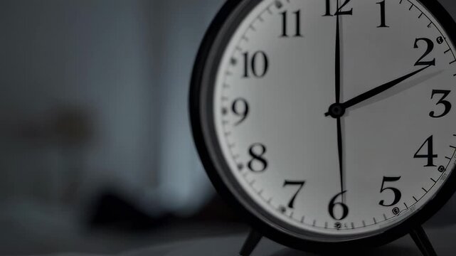 Slow motion time lapse revealing clock hands moving across bedroom interior, capturing rhythmic ticking while silhouetted person resting under soft blanket against dimly lit background
