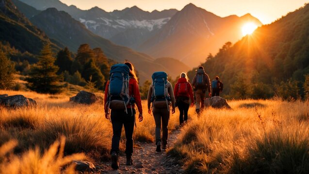 Adventurous hikers embracing nature's golden sunset glow