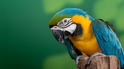 Fototapeta premium Blue-gold macaw perched on wood, green backdrop, studio shot, pet bird