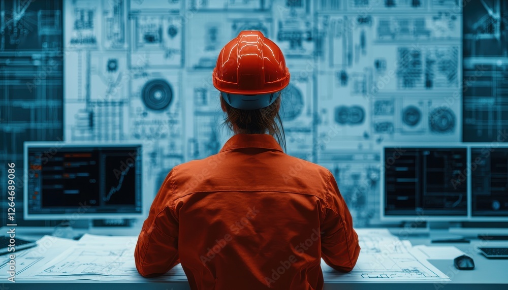 Poster a person in an orange helmet monitors complex machinery data on multiple screens in a high-tech cont