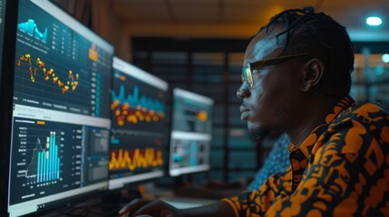 A data analyst focuses on various digital displays filled with vibrant graphs and statistics in a contemporary office setting. The atmosphere is illuminated, suggesting late night work.