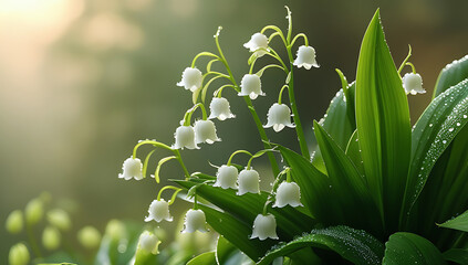 Obraz premium Lily of the Valley on a Bright Morning: Delicate white blooms bathed in fresh, crisp morning light, capturing the serene beauty of a peaceful, dewy dawn. Created with generated AI.