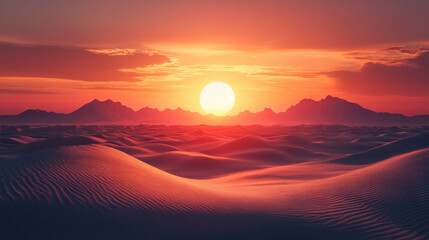 Naklejka premium Sunset over a desert landscape, with sand dunes glowing in warm golden tones