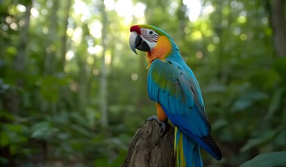 Blue-Gold Macaw perched rainforest, jungle bokeh, wildlife
