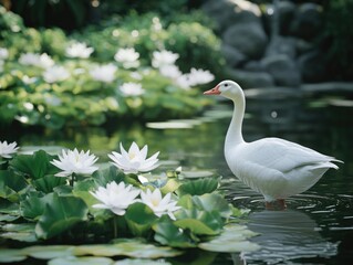 Obraz premium White Duck on Water Lilies