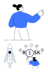 Woman pointing outward, magnifying glass examining risk, icons for business metrics, and a launched rocket. Ideal for innovation, leadership, analysis, entrepreneurship, decision-making strategy