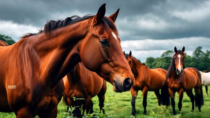 Obraz premium Beautiful brown horse amongst friends in green field