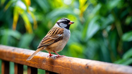 Beautiful sparrow resting on wooden rail amidst lush greenery