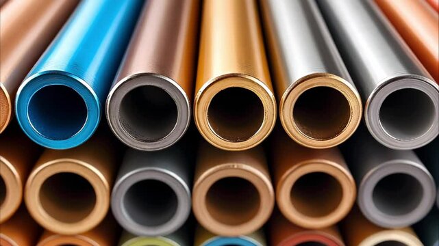 A close-up of several colored metal tubes or pipes arranged in a row, showcasing different colors and finishes.
