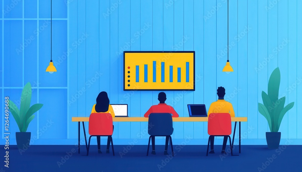 Poster a modern workspace with three individuals analyzing data displayed on a screen, surrounded by plants