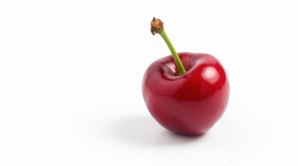 Single Fresh Cherry with Green Stem on White Background