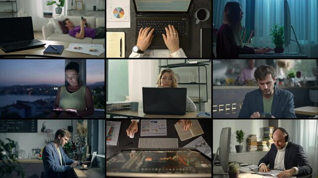 Collage of remote work scenes: People working on computers at home, video calls, online meetings, business tasks, finance management, and digital communication. High quality 4k footage