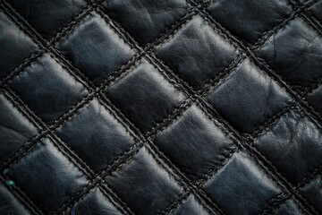Naklejka premium Textured Black Leather Fabric with Quadrant Pattern and Detailed Stitching for Design Projects