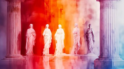 Layers Of Classical Art Elements Featuring Statues With Colorful Light Effects Symbolizing International Museum Day