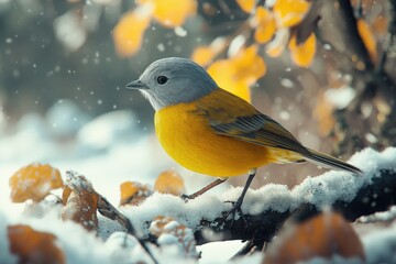 Yellow and Gray Bird on Snowy Branch