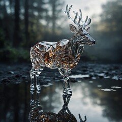 A deer made of crystal and glass standing on a seamless reflective surface.