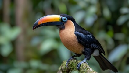 Obraz premium Collared Aracari perched rainforest branch, vibrant plumage, lush background, wildlife poster