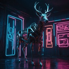A futuristic robotic deer standing motionless against a cybernetic neon backdrop.