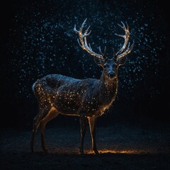 A deer made entirely of light particles standing against a black void.
